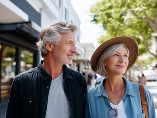 Senior Couple Enjoying Active Retirement While Exploring a City and Trying New Hobbies with Joyful Expressions