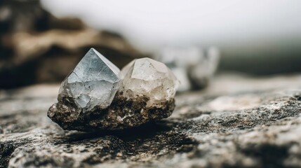 Close-up of a cluster of quartz crystals on a rock face.