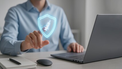 a businessman pointing on a glowing digital shield icon, Vaccination, covid vaccine, flu shot
