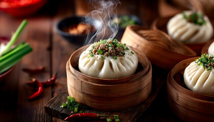 Creative food template. Steamer steam basket of hot Chinese stuffed steamed bun bao baozi, with meat filling, chopped green spring onions and chili on wooden background. copy text space	
