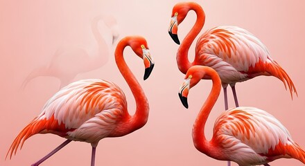 Flamingos Standing Together in a Group on Pink Background