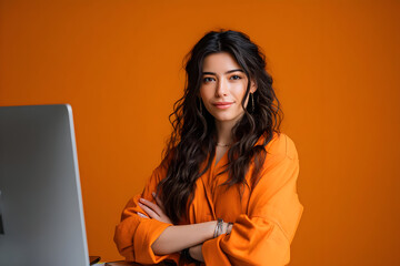 Portrait of a woman with crossed arms in front of a laptop against an orange colored background .