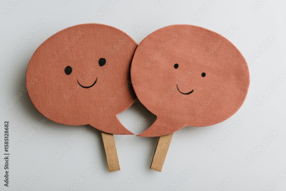 Poster whimsical fabric speech bubbles with smiling faces promoting laughter joy connection and engagement 