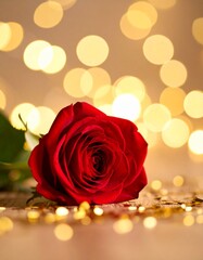 Romantic red rose with golden bokeh lights background