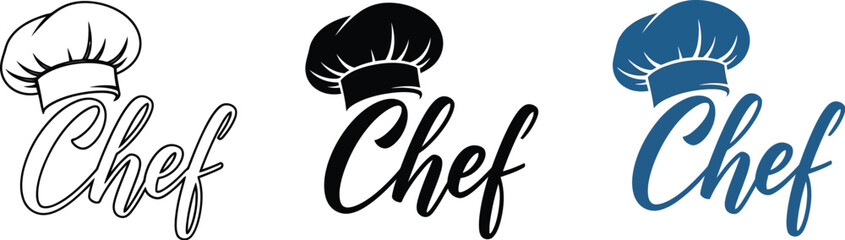 Obraz premium Stylish chef calligraphy with toque hat shown in line art, solid black, and blue versions ideal for culinary design.