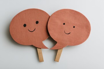 Whimsical fabric speech bubbles with smiling faces promoting laughter joy connection and engagement in a delightful playful setting inspiring creativity and conversation