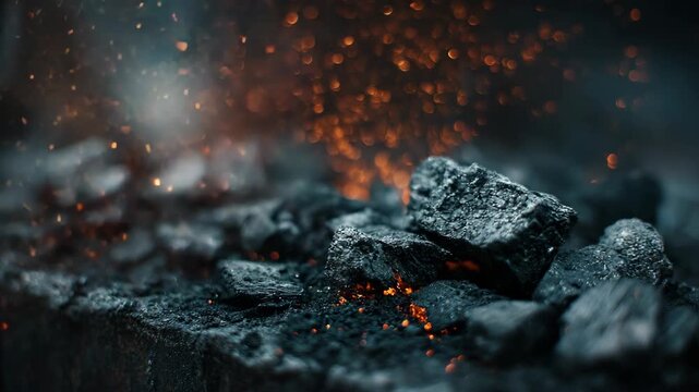 Sparks and embers dance above hot coals in blacksmith forge fire