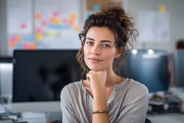 Portrait of a woman with curly hair resting her chin on her hand in an office setting at daytime .