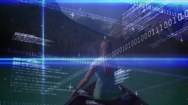 Female paddler paddling canoe Alpine lake at dawn activating binary overlays showing data insights