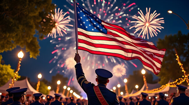 Man in uniform proudly holds american flag aloft during vibrant nighttime fireworks display with festive lights