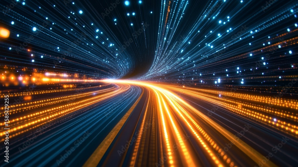 Poster neon digital data streams converging in a fast-paced city, creating abstract pathways