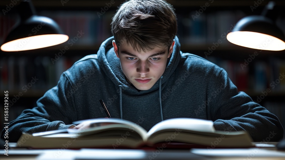 Poster student studying at desk lamp, focused on exam reading and homework preparation for college tasks.