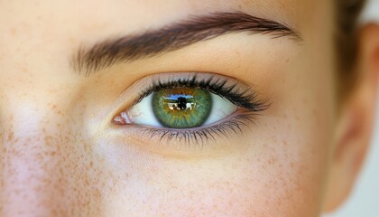 Fototapeta premium Close-up of a Stunning Human Eye with Unique Iris Patterns and Freckles, Showcasing Beauty