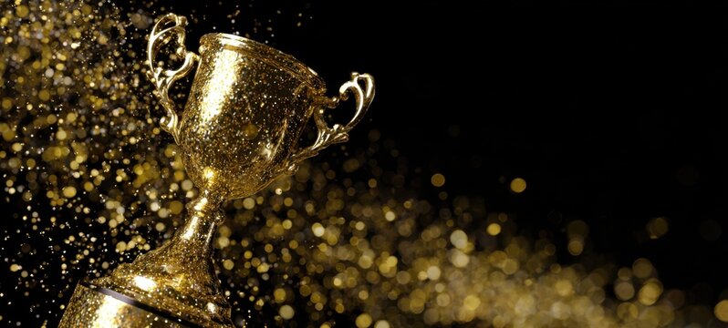 The golden trophy with sparkling details against a dramatic black background