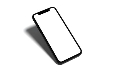 A black smartphone angled on a white background