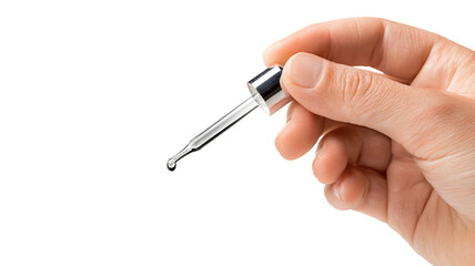 Hand holding a dropper with multivitamin droplet on transparent background

