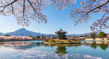 Japanese garden with cherry blossoms in spring near water and traditional architecture
