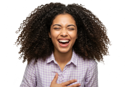 A joyful young african american woman with curly black hair laughs with her eyes closed and hand on her chest, isolated on white isolated on transparent background - Powered by Adobe