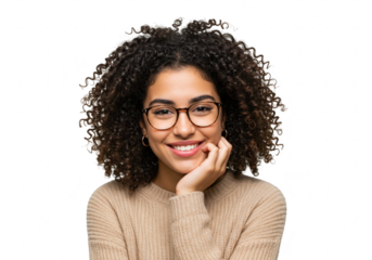 A young african american woman with curly black hair and glasses smiles happily, resting her chin on her hand, isolated on white isolated on transparent background