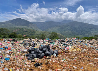 Day view at a landfill located in Ranau, Sabah Malaysia. Landscape and domestic waste concept