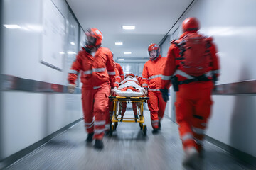 Emergency personnel rush patient on gurney through hospital hallway in a blur of motion and urgency .