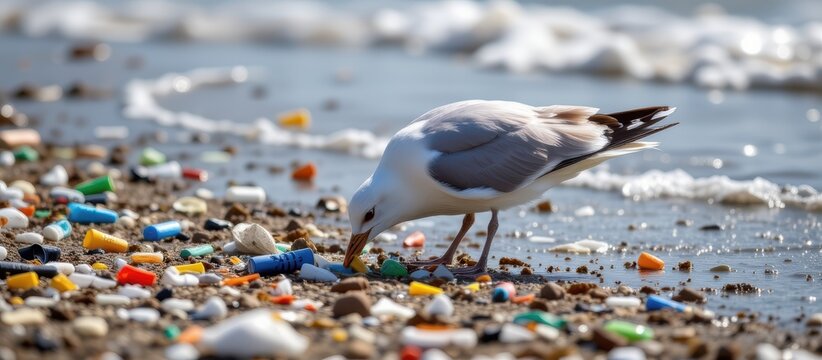 Bird foraging on a beach littered with colorful plastic debris. - Powered by Adobe