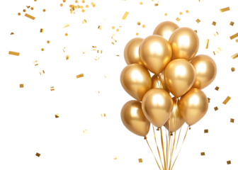 Shiny metallic gold balloons with scattered golden confetti celebration