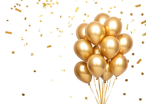 Fototapeta Shiny metallic gold balloons with scattered golden confetti celebration