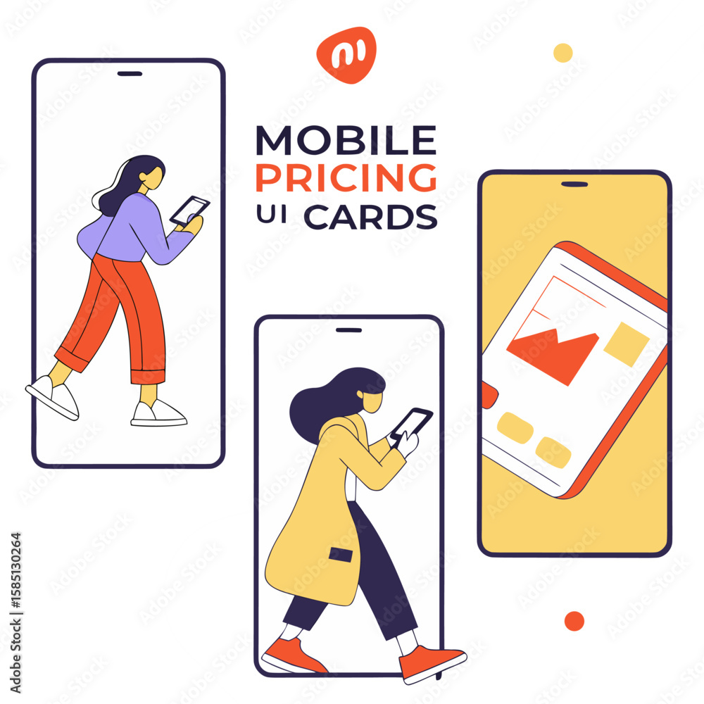 Poster illustration of mobile pricing ui cards featuring people using smartphones and data visualization el