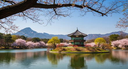 Japanese garden with seasonal beauty and traditional architecture by water