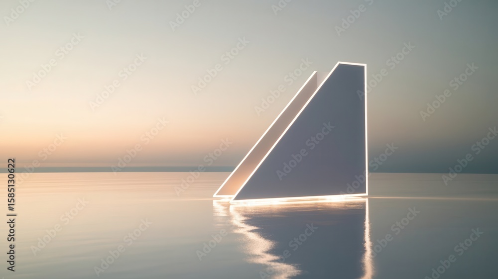 Fototapete illuminated triangle structure meets serene ocean horizon abstract design