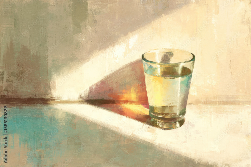 Poster glass half full of water on soft beige table with sunlight casting colorful shadow, creating calm an