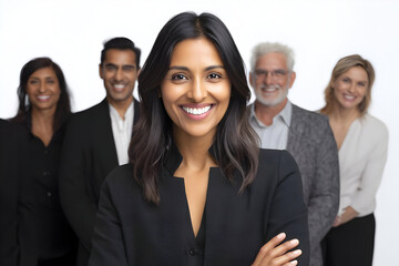 Smiling woman in black blazer with diverse team members in background on white studio backdrop setup .
