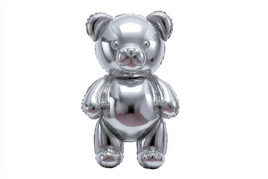 Silver foil inflatable ballon in a shape of a toy bear isolated on white