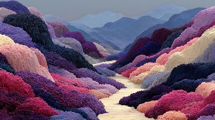 Bright 3D landscape of abstract floral hills covered in soft textures and ribbon paths in pink and lavender tones