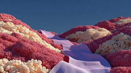 Wavy terrain adorned with dreamy flowers and elegant pastel ribbons in an imaginative garden world