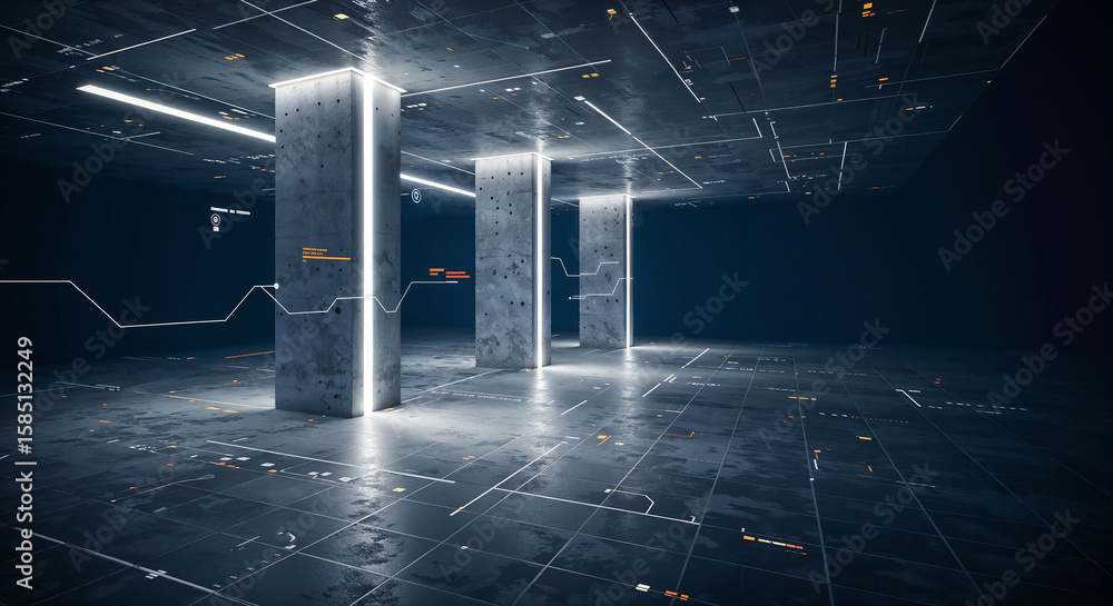Poster architectural construction abstract background with concrete columns lines and callouts . generative