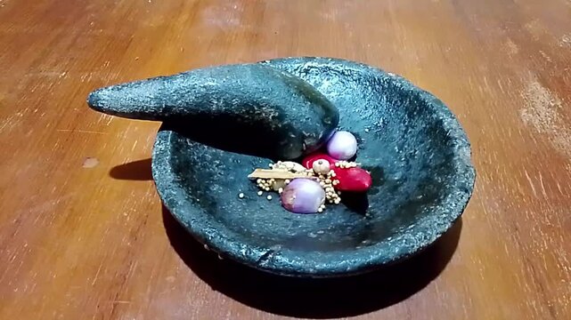 Traditional Stone Mortar with Shallots, Garlic, and Red Chili &ndash; Indonesian Kitchen Tool