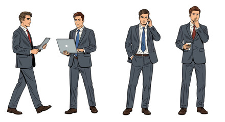 Set of Adobe illustrator vector flat style illustration of diverse businessman in various confident poses, ideal for corporate, finance, and professional themes, showcasing modern leadership