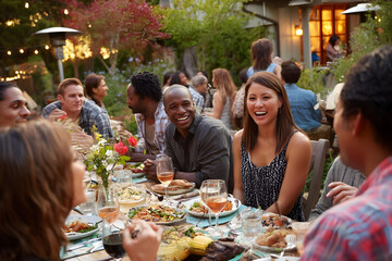 A group of people enjoying a meal together at a long table outdoors with food and drinks present .
