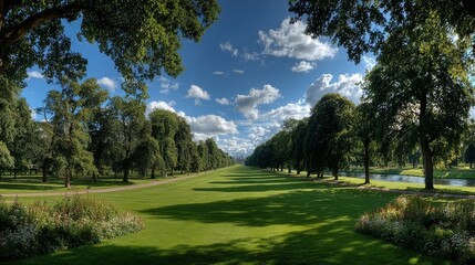 Serene Summer Landscape: Sun-Drenched Green Park with Tree-Lined Canal, Scotland's Majestic Palace in Distance.