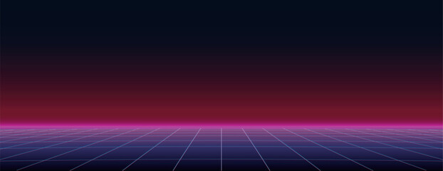 Blue and purple retrowave background with 1980s perspective grid