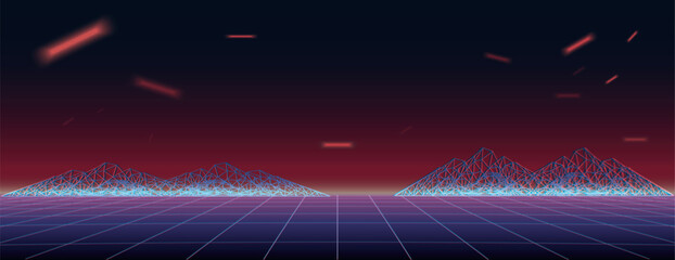 Retrowave grid. A retro-futuristic landscape with a glowing grid, abstract mountains, and red lines, set against a dark, colorful sky. Vector illustration