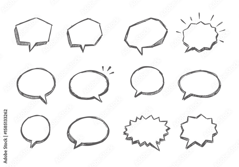Poster a collection of twelve handdrawn speech bubbles in various shapes and styles
