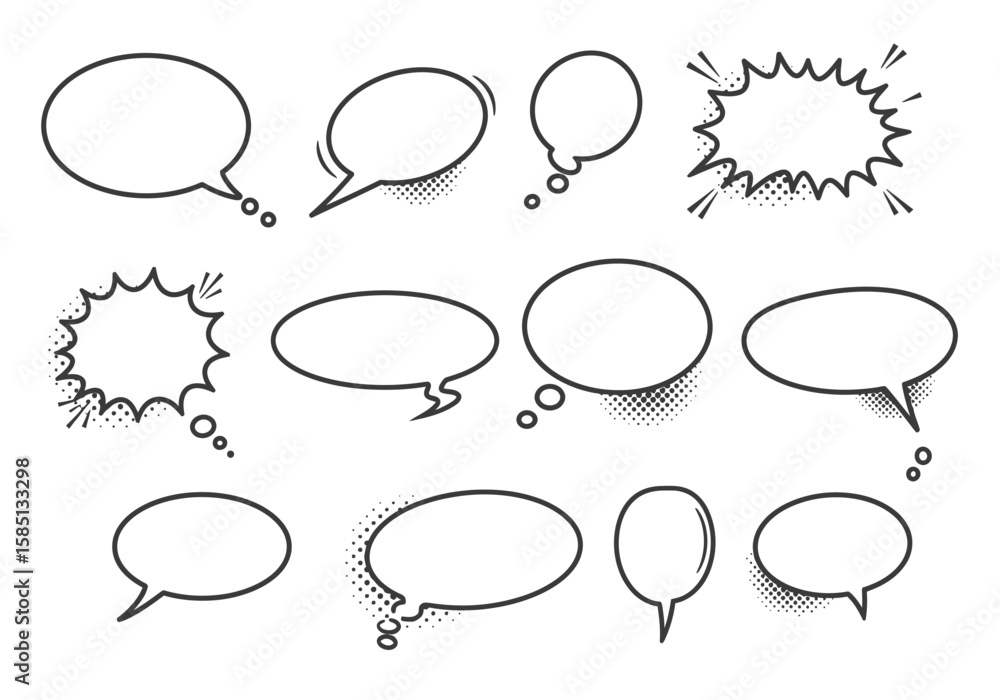 Poster a collection of twelve handdrawn speech bubbles of varying shapes and styles some with a retro halft