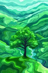 Breathtaking Scenic View of Lush Green Mountain Valley with Solitary Tree and Majestic Sky Above