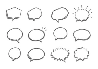 A collection of twelve handdrawn speech bubbles in various shapes and styles