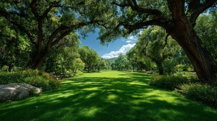  Sun-Dappled Meadow, Mature Trees, and Blooming Flowers under a Blue Sky.