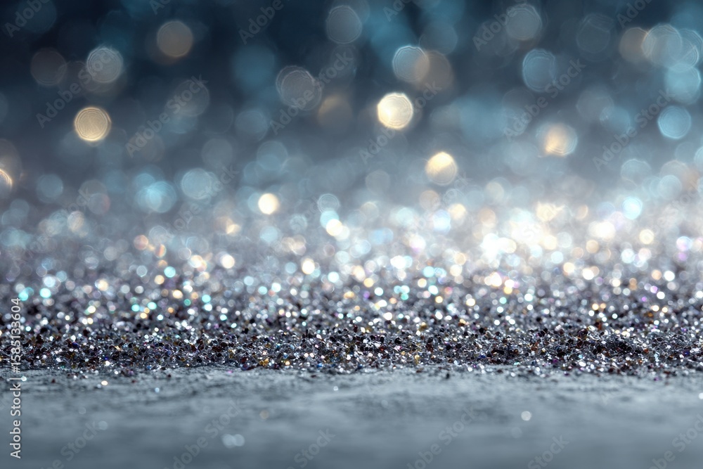 Poster glittering silver sparkles against a blurred bokeh background create an ethereal festive atmosphere 