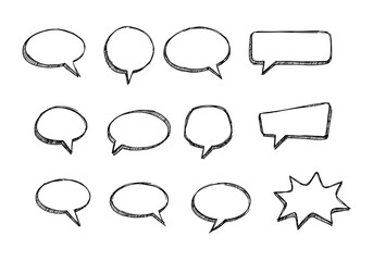 Handdrawn black and white speech bubbles varying shapes with sketched edges and pointed tails